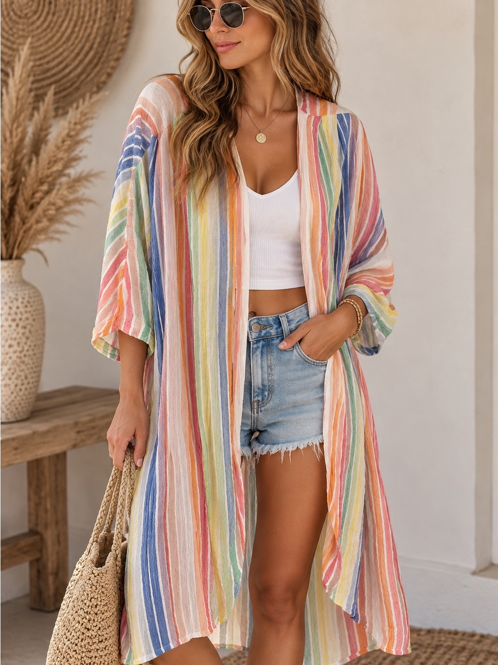 Umgee Multicolor Pastel Stripe Swim Coverup Kimono